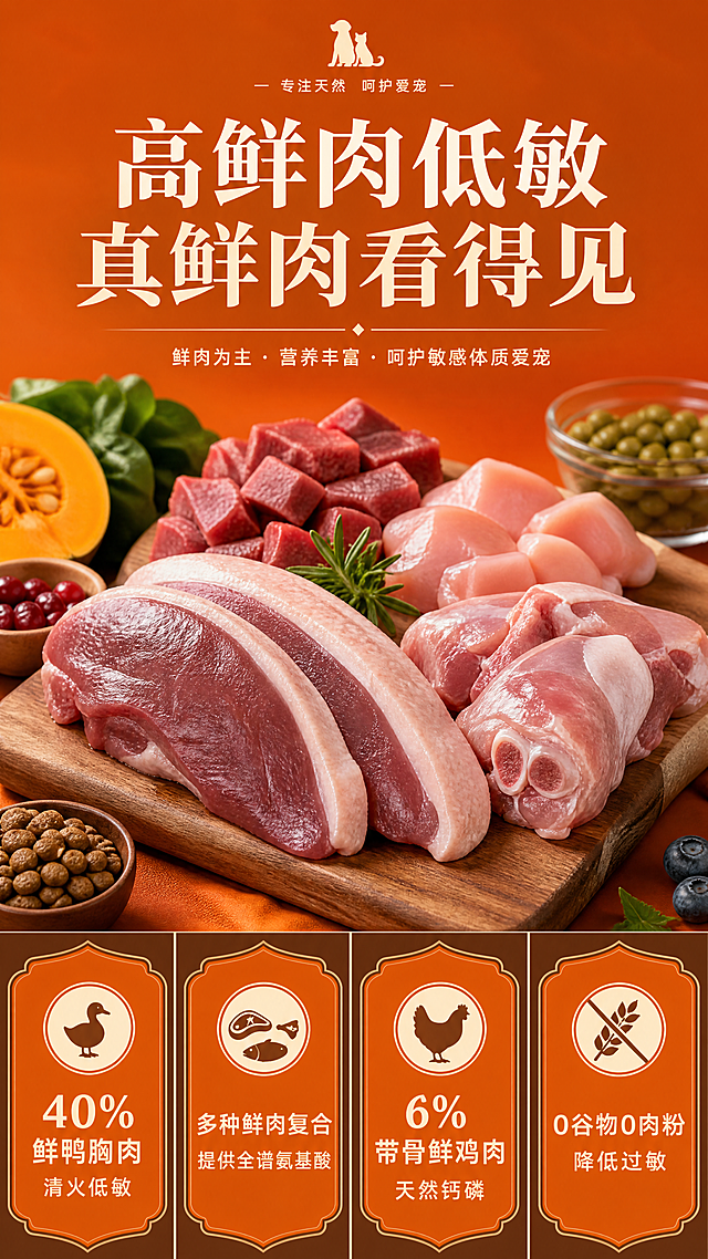 [第2屏] 高鲜肉低敏核心原料展示，本屏使用【图4】原料实拍。上半部分放原料图，下半部分分四栏列卖点：40%鲜鸭胸肉清火低敏、多种鲜肉复合提供全谱氨基酸、6%带骨鲜鸡肉天然钙磷、0谷物0肉粉降低过敏。整体爱马仕橙色背景配米白文字，橙色标签深棕描边，顶部大标题"高鲜肉低敏 真鲜肉看得见"。9:16竖版，4K，文字清晰。负向提示词：食材变形,数据错误,文字错乱