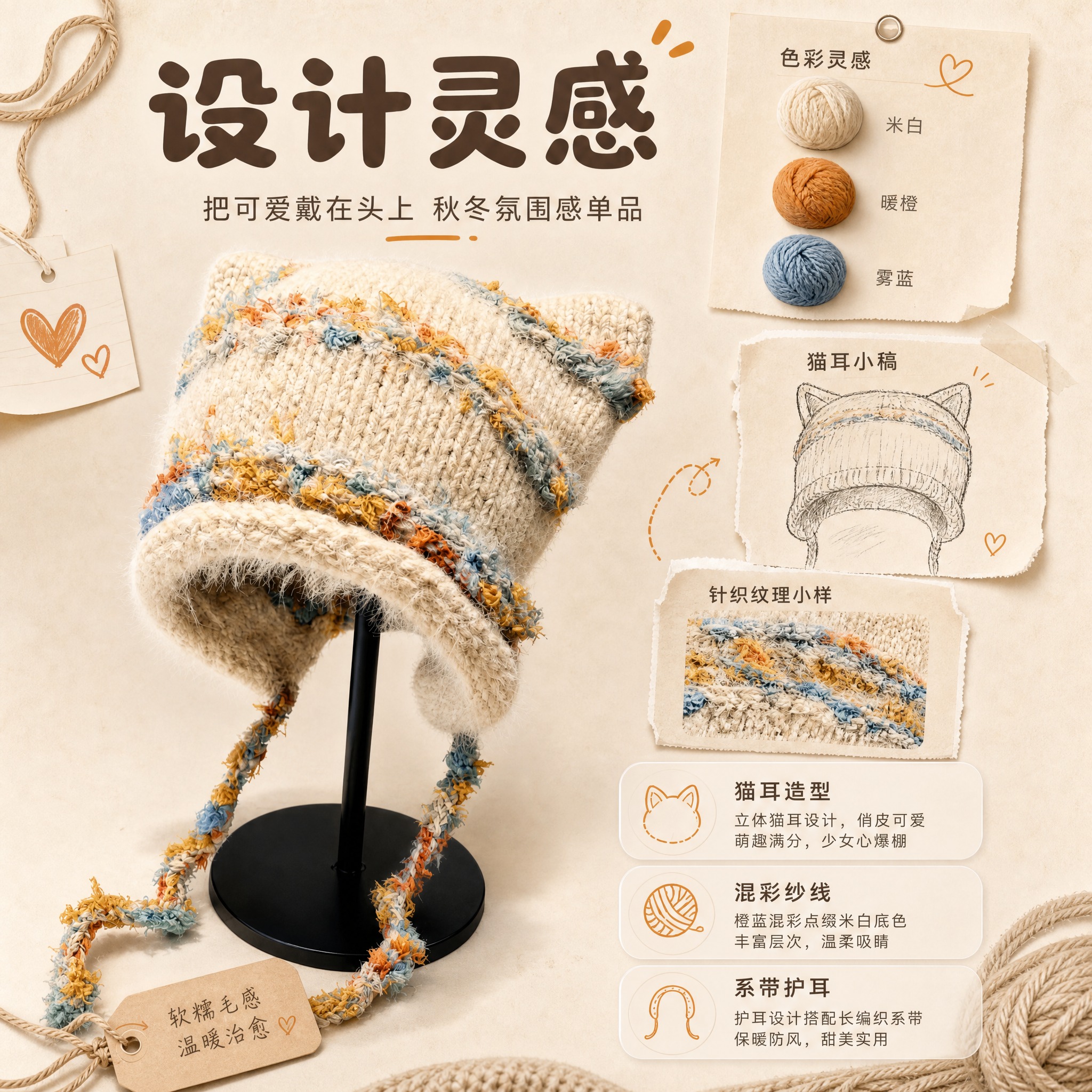 [主图-3] 猫耳针织护耳帽 设计灵感与产品细节展示 静物信息… - 图片创意预览