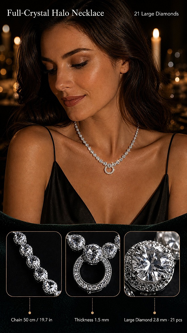 [单张主图] 奢华满钻光环吊坠项链（Full-Crystal Halo Necklace）单张主图，路线=高级氛围感+模特佩戴+规格背书，目标=上方主视觉改为欧美成年女性模特上身佩戴效果，下方3张细节小图及全部规格标注保持不变。
[画面主体] 使用【图1】产品图保证项链外观一致：银白色满钻V形项链，中央光环圆环吊坠，透明仿钻由锁骨向中心聚焦，龙虾扣与心形延长链小坠可见；保留金属光泽、宝石切面、链体结构、吊坠形态与银白色调。参考【图2】的版式：仅沿用其下方三格细节小图内容与排版，不沿用其上方静物展示。
[画面] 上方55%为主视觉区：欧美成年女性（约28-35岁，深棕色长发自然垂落，欧美面孔）半身锁骨特写，佩戴同款项链于颈间，深色简约礼服，项链清晰可见为该区域视觉焦点约占50%；背景为暖光晚宴氛围，虚化烛光与深色空间，前中后景层次自然，人物视角与项链佩戴方向真实。
[构图版式] 9:16竖版上下分区：上方55%模特佩戴主视觉，下方45%为三格细节区，横向排列3个细边框圆角小图卡，依次为①链身水晶排列微距、②光环圆环吊坠微距、③单颗大钻石切面微距，与参考图底部三格内容一致；每格下方配一行小号英文规格；顶部左上放商品英文名称小字，右上放"21 Large Diamonds"信息，不加装饰边框。
[场景元素] 主视觉背景为黑色哑光织物与墨绿丝绒边缘、香槟金细碎光斑与柔和烛光虚影，暖色氛围光；三格细节小图用细香槟金引线连接对应规格文字；底部不叠加价格、折扣、平台Logo或促销条。
[文案版式] 上图可见文字全部英文、横向排版：商品名"Full-Crystal Halo Necklace"放左上小字，右上角放"21 Large Diamonds"；三格下方规格分别写"Chain 50 cm / 19.7 in""Thickness 1.5 mm""Large Diamond 2.8 mm · 21 pcs"；商品名最大，规格小字次之，无说明性词条，无中文，无竖排旋转文字，不遮挡人物面部与项链。
[光影质感] 商业珠宝摄影质感：左前侧柔光箱主光+顶部窄条轮廓光，人物皮肤质感自然，金属边缘顺滑高光，宝石切面多点星芒，阴影柔和，无过曝、无廉价塑料感。
[配色字体] 主色=深炭灰黑，辅助色=墨绿丝绒，强调色=香槟金（仅引线、细标签与光斑），标题字=优雅衬线体象牙白，正文字=简洁无衬线体浅暖灰；三格小图卡为细边框圆角深底卡。
[比例分辨率] 图片比例9:16竖版，2K，商品名与规格文字清晰可辨。
[负向提示词] 避免亚洲面孔、手部面部畸形、多余手指、肢体穿模、项链变形缺件、宝石颜色改变、错字、乱码、模糊、文字过小、竖排文字、中文文字、冷蓝主色调、水印、伪Logo、背景杂乱。