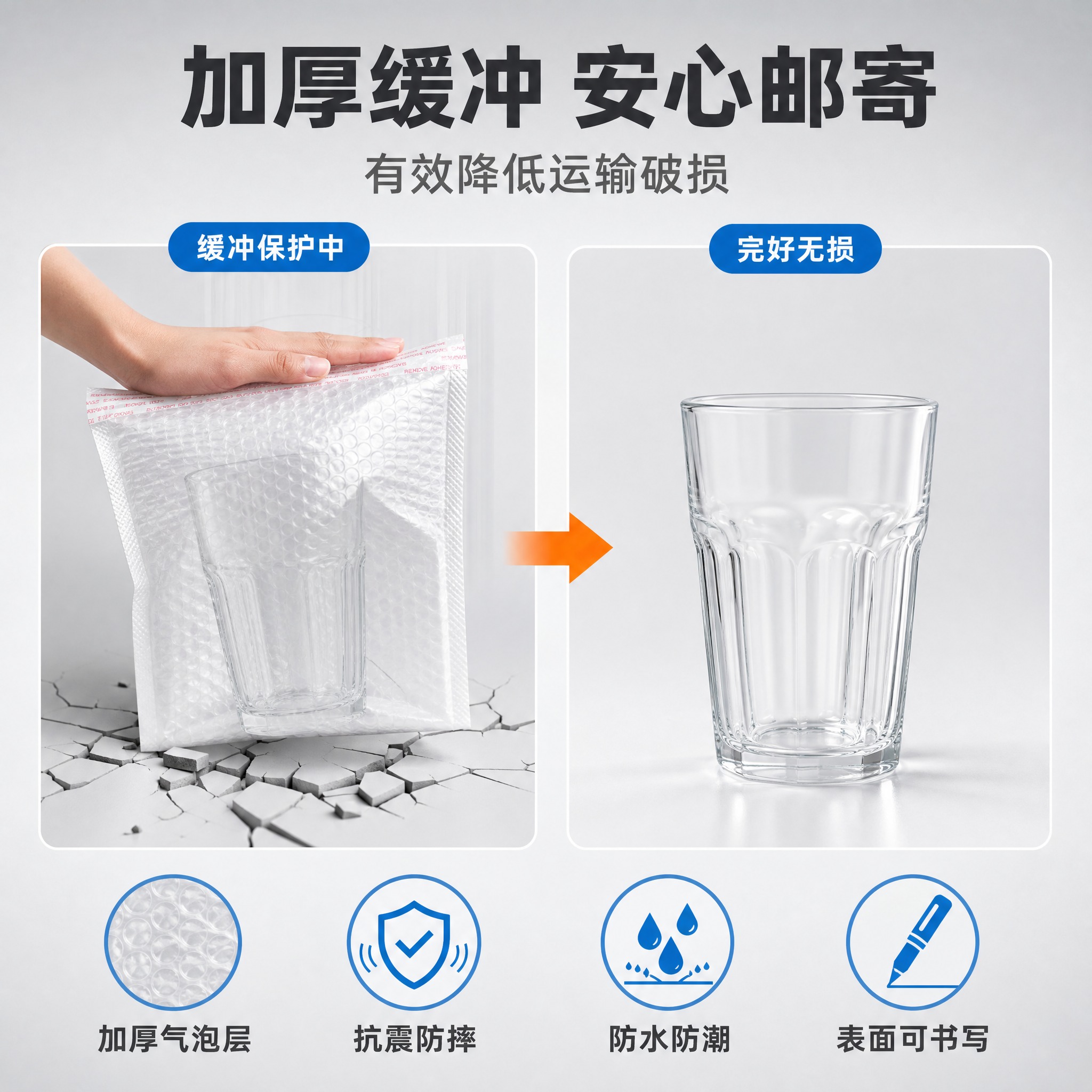[主图-2] 核心亮点 防震缓冲效果证明 展示气泡信封袋的保护… - 图片创意预览