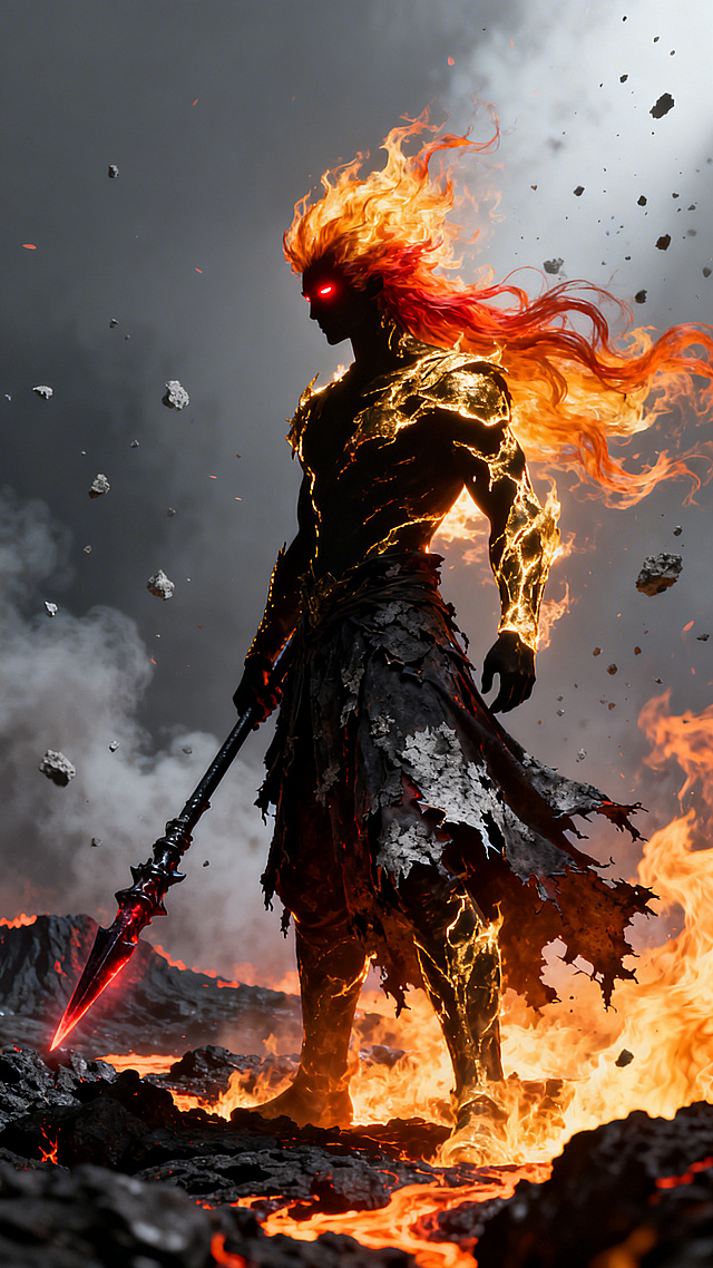 火焰与金属交织的3D重拟物风格，神秘而神圣的战士立于熔岩之上，红色眼眸与燃烧长发迸发热血感，粒子飞溅中尽显冲击与严峻。