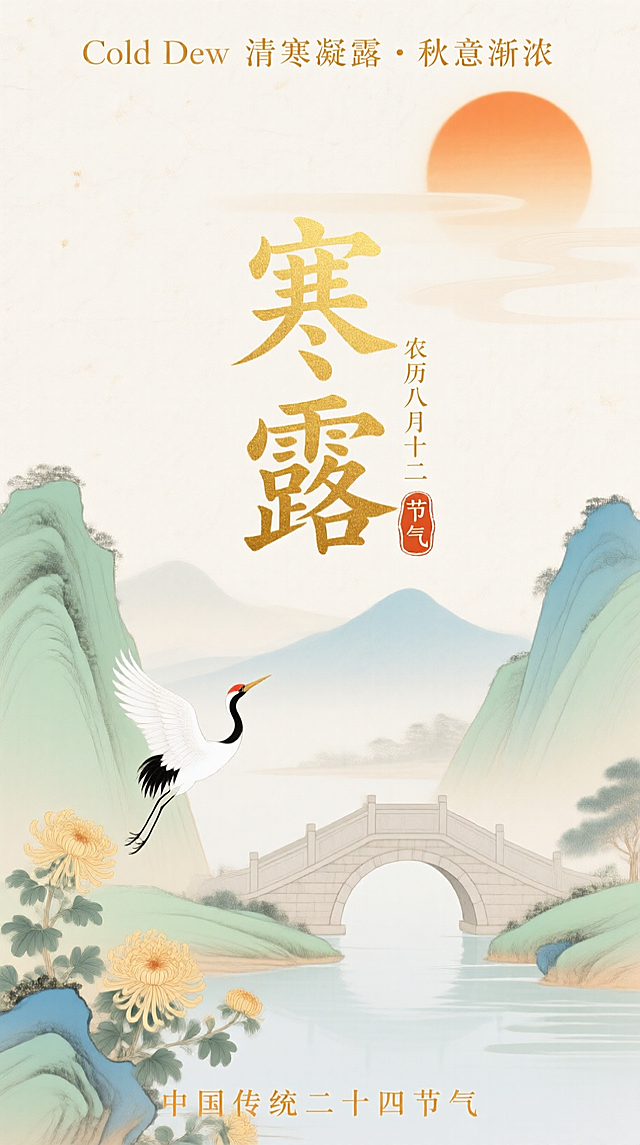 工笔风与水墨风交融，描绘寒露时节的静谧山水，白鹤翩跹，菊花绽放，鎏金大字“寒露”点睛，尽显古典优雅与秋天唯美意境。