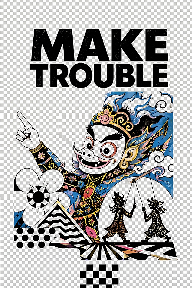 提取图片中的主体大文字 MAKE TROUBLE，保留原有字体风格和黑色粗体效果，生成一张单独可编辑版本的图片，背景透明