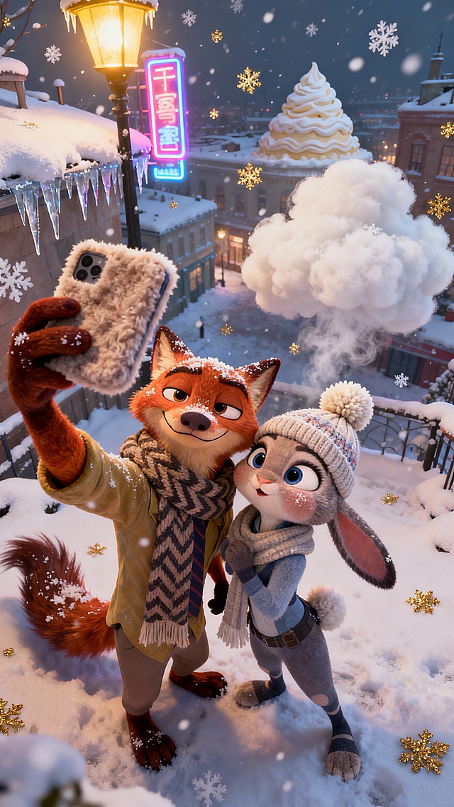 3D动漫风雪夜自拍，拟人狐狸与兔警官温馨互动，霓虹灯与雪花点缀梦幻圣诞氛围，粒子飘雪增添浪漫可爱感。