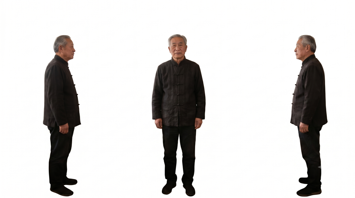 将图片背景更换为纯白色，保留人物三视图内容不变预览效果
