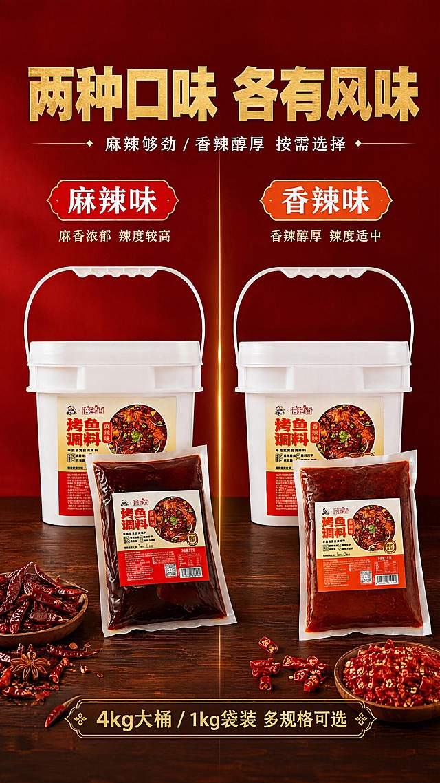[第6张] 详情页双口味对比-麻辣味vs香辣味全家福。本张使用【图1】【图2】桶装 + 【图3】【图4】袋装，四款产品全家福展示。
[氛围/风格] 品质感+选择丰富感，红金配色，商业摄影质感。
[元素布局] 画面左右分区对比：左侧「麻辣味」区，后方放4kg大桶【图1】，前方放1kg袋装【图3】，袋身倾斜倚靠桶身；右侧「香辣味」区，后方放4kg大桶【图2】，前方放1kg袋装【图4】；中间一条金色分割线；底部为深色木质台面，两侧分别点缀干辣椒（麻辣侧）和红椒段（香辣侧）作口味暗示；背景深红渐变。
[光影质感] 左右两侧分别打光，产品正面清晰，桶身与袋身质感真实，底部自然投影。
[配色色系] 全局底色 #7A0E0E 深红；主色正红、金色；辅助色白色包装、深木色台面。
[视角构图] 正面平视，左右对称对比布局，阅读动线顶部标题 → 中间分割线 → 左右双口味产品。
[文字版式] 顶部主标题「两种口味 各有风味」，金色粗黑体；副标题「麻辣够劲 / 香辣醇厚 按需选择」，白色小字；左侧区顶部标签「麻辣味」红底白字+小字「麻香浓郁 辣度较高」；右侧区顶部标签「香辣味」橙底白字+小字「香辣醇厚 辣度适中」；底部中间标注「4kg大桶 / 1kg袋装 多规格可选」；字色金+白，字形统一。
[比例分辨率] 9:16 竖版比例，4K分辨率，文字清晰可辨，高清画质。
[负向提示词] 产品变形，标签错乱，口味混淆，水印，文字过小，极限词违禁词。