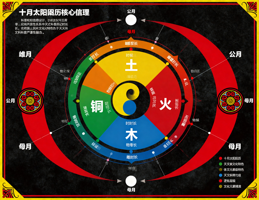 彝族宇宙观科普信息图，中心绘制五季轮回循环图，按顺时针排布土、铜、水、木、火五个季节，每个季节标注对应物候与时长，外围环绕雌雄双月结构，单月标注为公月、双月标注为母月，完整呈现阴阳对应逻辑。搭配彝族传预览效果