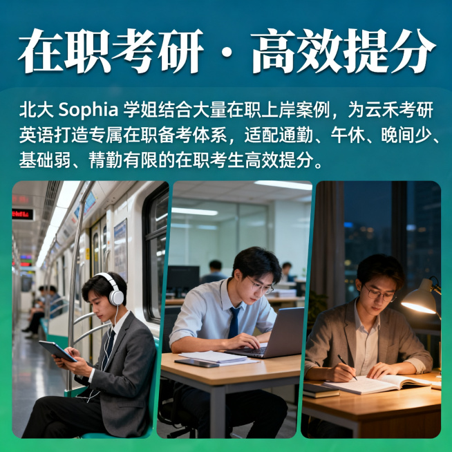 在职考研学习场景宣传海报，主标题文字"在职考研・高效提分"，内容文字"北大 Sophia 学姐结合大量在职上岸案例，为云禾考研英语打造专属在职备考体系，适配通勤、午休、晚间碎片时间，帮助时间少、基础弱预览效果