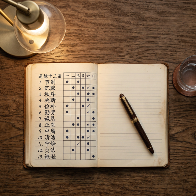 木质书桌俯拍视角，一本打开的复古笔记本，上面是手写的“道德十三条”训练表格，13条品德用中文写成清晰列表：节制、沉默、秩序、决断、俭朴、勤劳、诚恳、正直、中庸、清洁、宁静、贞洁、谦逊；旁边有一张一周打预览效果