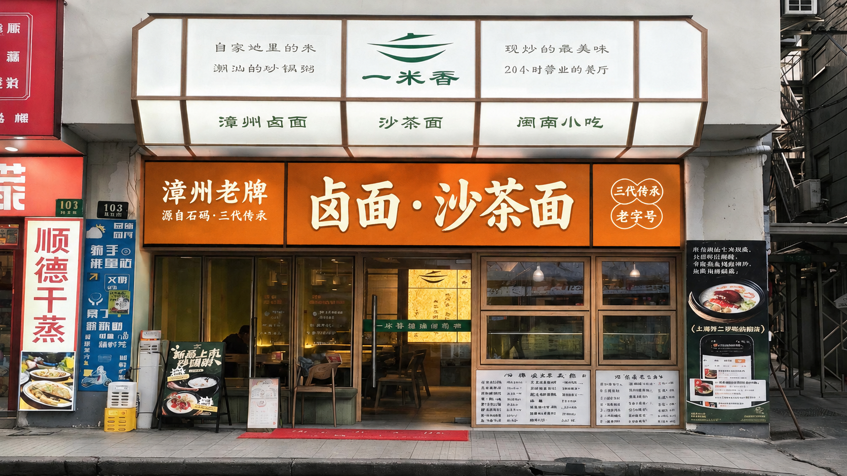 门头中间招牌底板换成暖橘色/橙色，文字深棕或米白：“漳州老牌”… - 图片创意预览