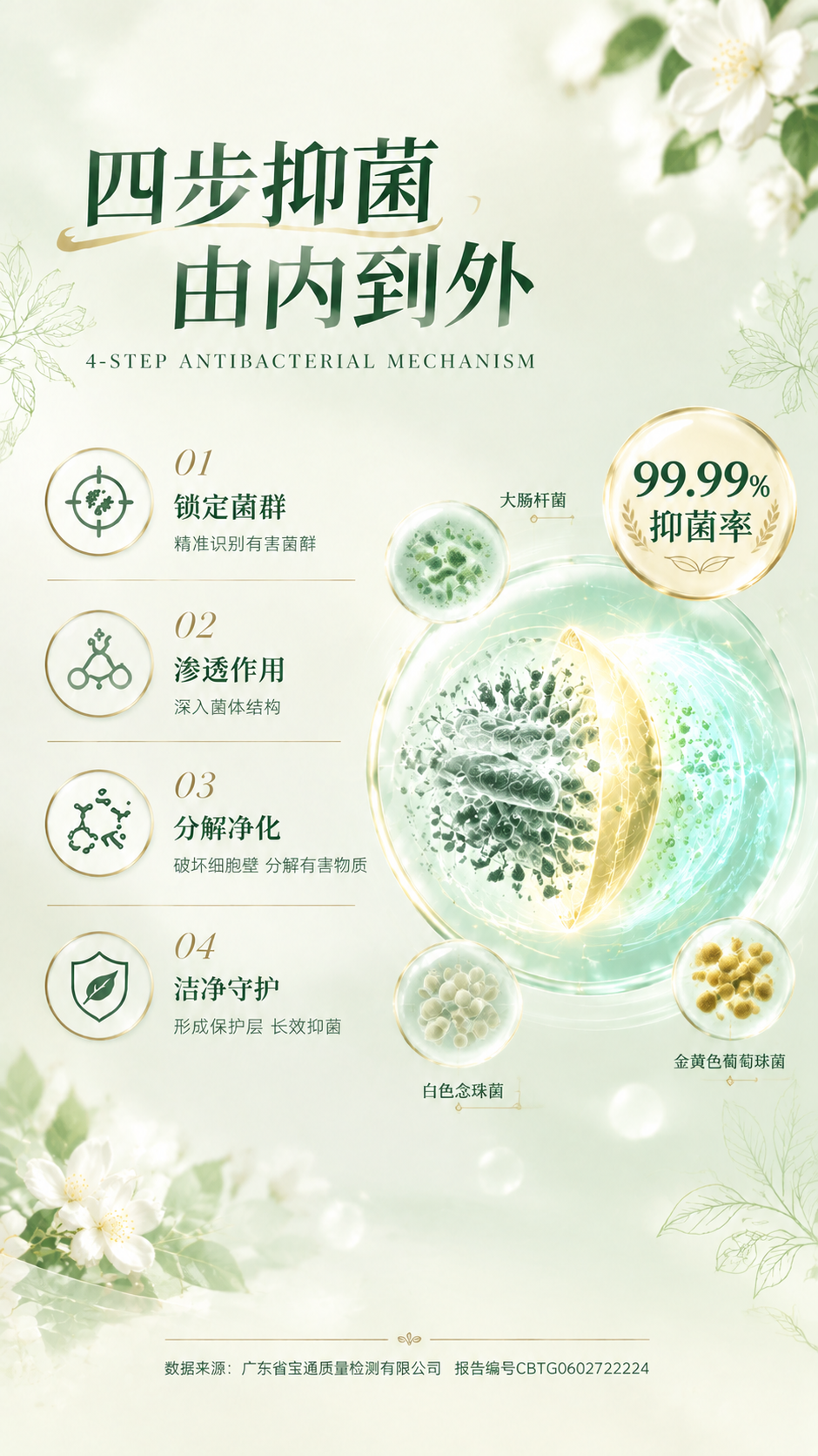 [画面] 目标：四步抑菌机理页，高端香氛杂志风，在圆形机理窗周… - 图片创意预览