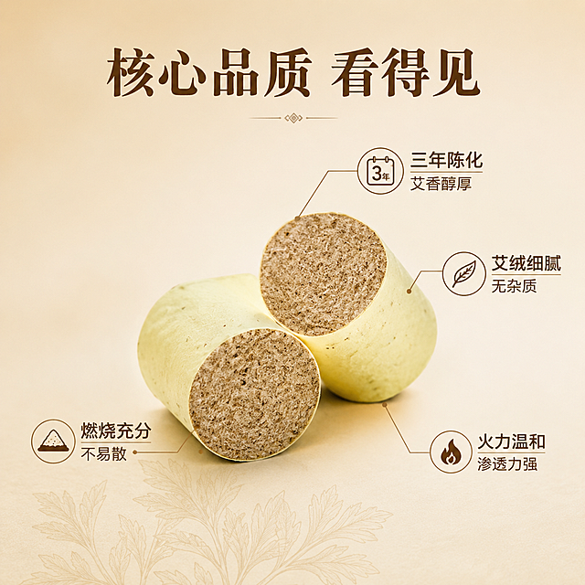 [主图-2] 艾柱核心亮点功能说明图。
[氛围风格] 中式专业养生风 信息清晰 品质感强。
[画质] 商业摄影质感 产品清晰 艾绒细节真实 画面干净。
[元素] 画面中心偏右为艾柱主体特写 2粒艾柱斜放堆叠 断面朝向观众 清晰展示艾绒细腻纹理 周围用细引线从艾柱不同部位引出卖点标注 背景为浅米色渐变 底部有淡淡的艾草纹理暗纹 保持艾柱外观与输入产品图一致 颜色材质结构不变 商品主体占比约55%。
[光影] 左前侧45度柔光 暖调 艾绒断面纹理清晰 有细腻颗粒感高光 底部柔和投影。
[配色] 主色暖米杏 辅色土黄艾绒色 文字深棕色 引线浅棕色。
[视角构图] 平视微俯 主体居中偏右 左侧和上方留空间放引线标注 景深中等。
[文字版式] 顶部居中主标题"核心品质 看得见" 深棕粗体 以艾柱为中心向右上 右 右下 左下四个方向引出细引线 末端配小图标和文字 右上"三年陈化 艾香醇厚" 右"艾绒细腻 无杂质" 右下"火力温和 渗透力强" 左下"燃烧充分 不易散" 文字左对齐 主说明稍大 辅助说明稍小 均为深棕色。
[输出要求] 1:1比例 文字清晰锐利 超高清商业摄影质感。
[负向提示词] 变形 文字错乱 产品模糊 背景杂乱 水印 电商平台Logo 医疗功效暗示。