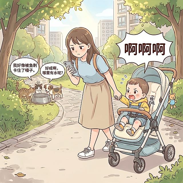 根据原图妈妈的服装：浅蓝色短袖+卡其色半身裙，修改后续情节：妈妈左手推着婴儿车，右手玩着手机，完全不理会着急的小仙君，小仙君坐在车里远远望着渐远的小猫小狗着急喊“啊啊啊”，小狗对小猫说“我好像被鱼刺卡住了嗓子。”，小猫说“好咸啊，哪里有水呢？”，添加对应对话气泡，保持妈妈服装一致，保留柔和清新可爱漫画风格，户外楼下场景