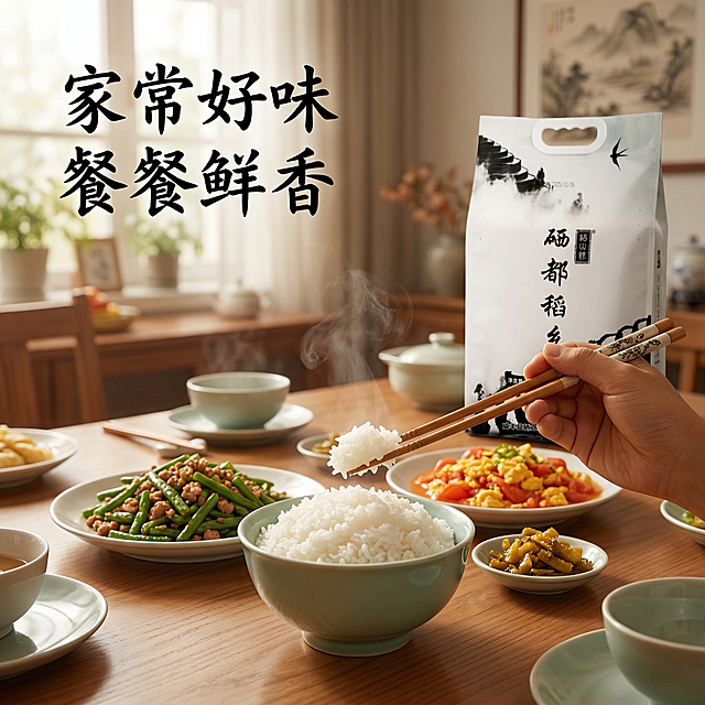 硒都稻乡大米食用场景主图，暖调自然光，温馨家庭风格。画面呈现温馨的中式餐厅餐桌场景，餐桌上摆放着蒸好的大米饭、几样家常小炒，一双筷子正夹起米饭，背景是柔和的居家环境，画面角落露出大米包装袋。画面侧边悬浮文字“家常好味 餐餐鲜香”，整体氛围温暖有烟火气，自然真实。