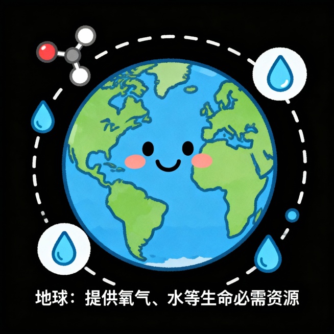 根据以下描述，生成卡通图片：
第1张图：为什么生命能够在地球生存？因为地球离太阳不远也不近，刚刚好可以让我们觉得不会太冷，也不会太热。
第2张图：而且就像我们之前看到的，地球最外面有厚厚的大气层，就像预览效果