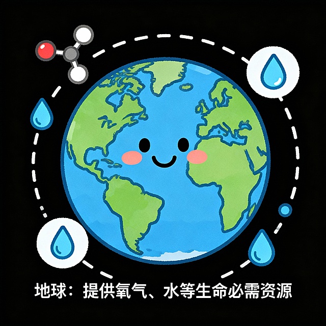 根据以下描述，生成卡通图片：
第1张图：为什么生命能够在地球生存？因为地球离太阳不远也不近，刚刚好可以让我们觉得不会太冷，也不会太热。
第2张图：而且就像我们之前看到的，地球最外面有厚厚的大气层，就像一层很厉害的盔甲在保护着地球，把很多的太阳辐射都拦在了外面。此外这层盔甲也能够保存足够的热量，防止地球的气温突然急剧变冷.
第3张图：还有我们呼吸需要氧气，渴了就要喝水，我们生存需要的东西地球都可以提供给我们，所以大家现在知道地球为什么会存在生命了吗？是的。