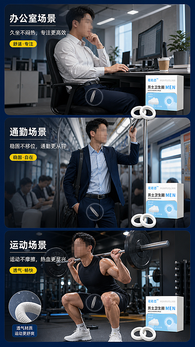 [第5屏] 全场景适配——办公室/通勤/运动三场景。[氛围/风格] 生活化实景合成，深蓝底（#0A2E5A）过渡为场景自然光，强调‘全天候适用’。[元素布局] 三栏竖排（手机端适配）：上‘办公室’（商务男坐办公椅，西装裤内侧隐现产品轮廓，桌面电脑+咖啡）；中‘通勤’（地铁站立男，手扶栏杆，裤装微动示意产品稳固）；下‘运动’（健身房男做深蹲，运动短裤+汗珠，产品局部特写）。每栏右下角嵌入【图2】产品小图（统一尺寸），标注场景关键词。[光影质感] 各场景匹配真实光源：办公室顶光、地铁冷白光、健身房聚光灯；产品始终保持明亮清晰，与环境形成对比。[配色色系] 底色统一#0A2E5A；场景色调自然（灰/藏青/黑）；产品纯白；关键词标签#FFD166（暖黄）。[视角构图] 竖向三屏堆叠, 每屏占1/3高度；阅读动线自上而下; 产品小图位置固定于右下。[文字版式] 每栏顶部场景名（如“办公室场景”），下方1句价值点：“久坐不闷热，专注更高效”等，≤15字。[比例分辨率] 9:16（1080×1920），4K. [负向提示词] 人物面部清晰可识别（需打码处理）、产品错位、场景违和、文字遮挡主体。