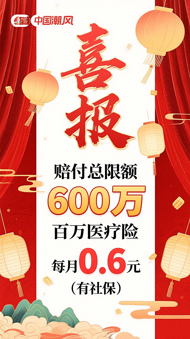 修改主标题"600万"色彩对比
生成十张中国传统节日喜庆风格宣传海报，最上方用书法大字写着“喜报”，占比约图片1/3，中间文字写着“赔付总限额600万”、“百万医疗险”、下方“每月0.6元（有社保）”，海报整体采用层级化排版，主标题放大醒目，辅助信息有序排列，整体版式平衡稳定，信息传达层次分明，比例 「9:16」