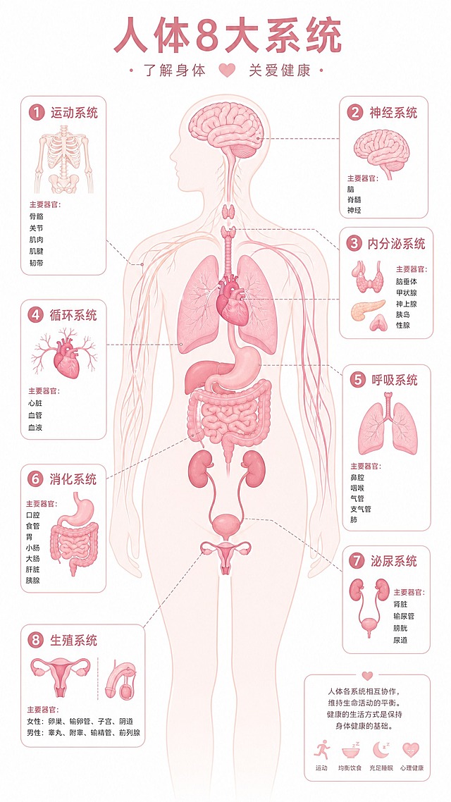 人体8大系统示意图，简约医学插画风格，正面人体轮廓剪影，用8种不同的温和粉色系线条和色块标示各系统及其主要器官位置，包括运动系统、神经系统、内分泌系统、循环系统、呼吸系统、消化系统、泌尿系统、生殖系统，每个系统配中文标签标注器官名称，整体色调柔和温暖，浅粉色系配色，白色背景，科普教育海报，竖版构图，精致清晰