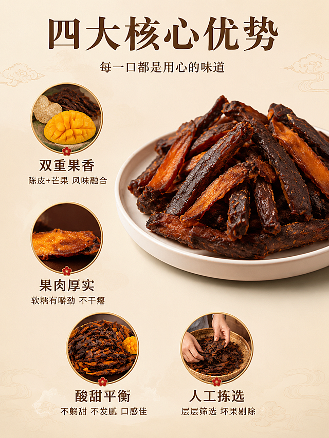 [第2屏] 详情页核心卖点总览-陈皮话芒果四大优势图文呈现。本屏使用【图1】作为商品主体。
[氛围/风格] 中式品质感 简洁高级 信息清晰 食品商业摄影风
[元素布局] 画面中心偏右放置白瓷盘 盘中堆叠陈皮话芒果条 果肉饱满油亮 占比约45%。盘子左侧和下方分布四个圆形卖点图标区域 每个区域配有对应小插图 分别是陈皮与芒果原料 厚实果肉剖面 人工拣选手部 古法晾晒场景。背景是浅棕色渐变 带细微的中式云纹暗底。保持陈皮话芒果产品外观 颜色 材质质感与输入产品图一致。
[光影质感] 柔和顶光照明 产品正面均匀受光 果肉表面有自然光泽 阴影柔和自然 整体光线干净通透 突出品质感
[配色色系] 全局底色 #F5E6D3 浅米棕色；主色深棕 #5C3A21；辅助色橙红 暖金 米白
[视角构图] 正面平视 产品偏右 左侧和下方为信息区 阅读动线从顶部标题 → 右侧产品 → 四周卖点
[文字版式] 顶部居中主标题「四大核心优势」 深棕色粗体 温润宋体。副标题「每一口都是用心的味道」 深棕色细体 约1/3大小。四个卖点图标呈环绕式分布 每个图标下方配两行文字 第一行大字卖点词 第二行小字说明 左上「双重果香」「陈皮+芒果 风味融合」 右上「果肉厚实」「软糯有嚼劲 不干瘪」 左下「酸甜平衡」「不齁甜 不发腻 口感佳」 右下「人工拣选」「层层筛选 坏果剔除」。文字均为深棕色 标题更粗更大
[比例分辨率] 3:4 竖版比例 4K分辨率 文字清晰可辨 高清画质
[负向提示词] 变形 水印 文字错乱 文字过小 产品图模糊 背景杂乱 颜色偏差