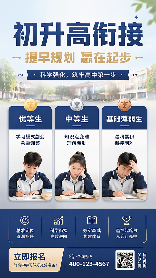 设计一张初升高衔接招生海报，风格专业清晰，9:16竖版。主标题"初升高衔接"，副标题"提早规划 赢在起步"，装饰文案"科学强化，筑牢高中第一步"。分三栏展示不同学生：第一栏优等生标注"学习模式剧变，急需调整"，第二栏中等生标注"知识点变难，理解费劲"，第三栏基础薄弱生标注"漏洞累积，衔接困难"。采用简约校园学习场景背景，配色专业沉稳，文字清晰可读，版式分区明确，整体适合朋友圈分享，构图精美。