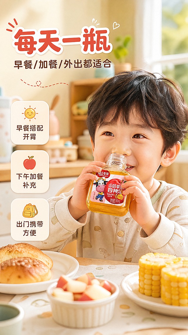[商品] 使用【图1】轻上牛牛山药苹果四神汤果蔬汁饮料150mL小瓶装；保留透明方瓶、金黄色液体、红色标签、轻上牛牛卡通牛形象与包装整体结构；产品被儿童小手握住，标签朝向镜头清晰可见。
[画面] 第4张-场景种草+儿童模特，目标是展示孩子日常饮用的真实场景。单场景沉浸型构图，可爱的亚洲小男孩/小女孩（3-5岁，萌系圆脸，穿浅色家居服）坐在儿童餐桌前，双手捧着果蔬汁瓶正在喝，嘴角微微上扬，表情满足开心。桌上有早餐：小面包、切好的苹果块、玉米段。背景是温馨的居家餐厅，阳光从窗户洒进来，暖光氛围。产品在画面中部偏右，占画面约35%，孩子上半身入镜，自然真实。
[视觉] 套系策略：风格=温馨治愈儿童风商业摄影，暖色调，柔和自然光；标题字=圆润可爱卡通粗体字，带轻微圆角；正文字=简洁圆润无衬线体；主色=暖米杏+苹果红；背景延展=基于暖米杏做深浅层级、同色渐变和细腻木纹/织物质感；强调色=苹果红，仅用于小面积图标、引线、标签和重点文字高亮；标题色=苹果红+白色描边（主标题），深暖棕（副标题）；正文色=中暖棕；组件=圆角浅底信息卡、虚线引线、可爱小图标；光影=右前侧暖柔自然光，柔和阴影，通透感。
[文字] 左上主标题苹果红带白边"每天一瓶"，副标题深暖棕"早餐/加餐/外出都适合"；左下三个圆角小卡片竖排："早餐搭配 开胃"、"下午加餐 补充"、"出门携带 方便"，每个卡片配小图标。所有文字横排，不遮挡孩子脸部和产品标签。
[规格] 图片比例9:16竖版，4K，medium。避免变形、错字、文字过小、冷蓝/蓝灰背景、孩子表情不自然、绝对化用语、医疗功效承诺。
