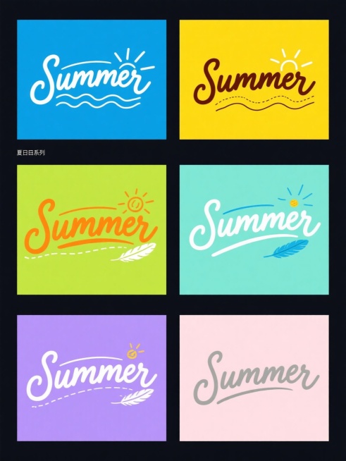 一套6个不同造型的夏季主题系列素材集合，每个素材均为纯色背景，规整排布。保持手绘般流畅自然的曲线笔触风格，"Summer"英文单词采用飘逸灵动的连笔手写体设计，保持原有的书法韵味和优雅形态。每个素材中"Summer"的造型各具特色：有的字母带有海浪般的波浪变形，有的融入简约的太阳光芒线条，有的底部添加轻盈的羽毛装饰，有的字母边缘有细微的虚线轮廓，有的整体呈现上扬的动感曲线，有的则在字母间穿插小……预览效果