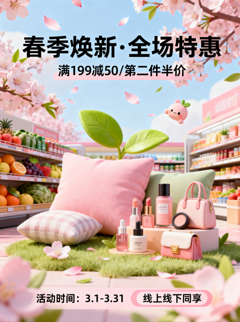 春季焕新营销海报，清新明亮色调，柔和粉嫩马卡龙色系，用樱花、嫩叶元素打造春日氛围，可爱卡通与轻3D立体质感，整体活泼治愈年轻化。画面适配商超、生鲜、家居、美妆、服饰箱包等零售场景，有场景代入感，促销信预览效果