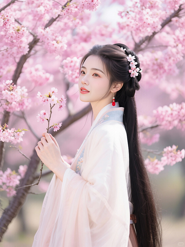 工笔风与水墨风交融，古典中式美学跃然眼前。柔美樱花映衬汉服佳人，清新淡雅中透出浪漫诗意，实景感十足，尽显春日唯美意境。