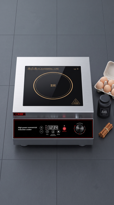 专业电商产品摄影，现代极简商用厨房场景，冷调高级柔光，8K 超高清，极致细节，商业级质感，正面俯拍视角。画面中心是不锈钢商用台式电磁炉，外观为银灰色不锈钢机身，适配炒锅，电磁炉右侧摆放鸡蛋盒、黑胡椒调预览效果