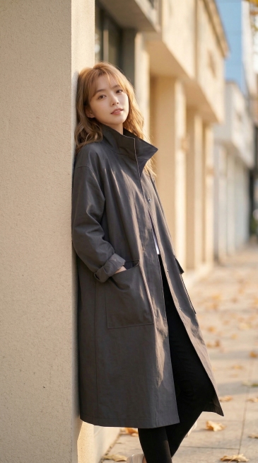 抖音女装带货商业人像摄影，索尼A7M4拍摄，50mm f1.8大光圈，浅景深背景虚化，韩系松弛感街拍风格，秋日暖调柔和侧逆光，色彩通透自然，服装面料质感清晰可见。模特为168cm清冷感韩系女生，浅棕亚预览效果