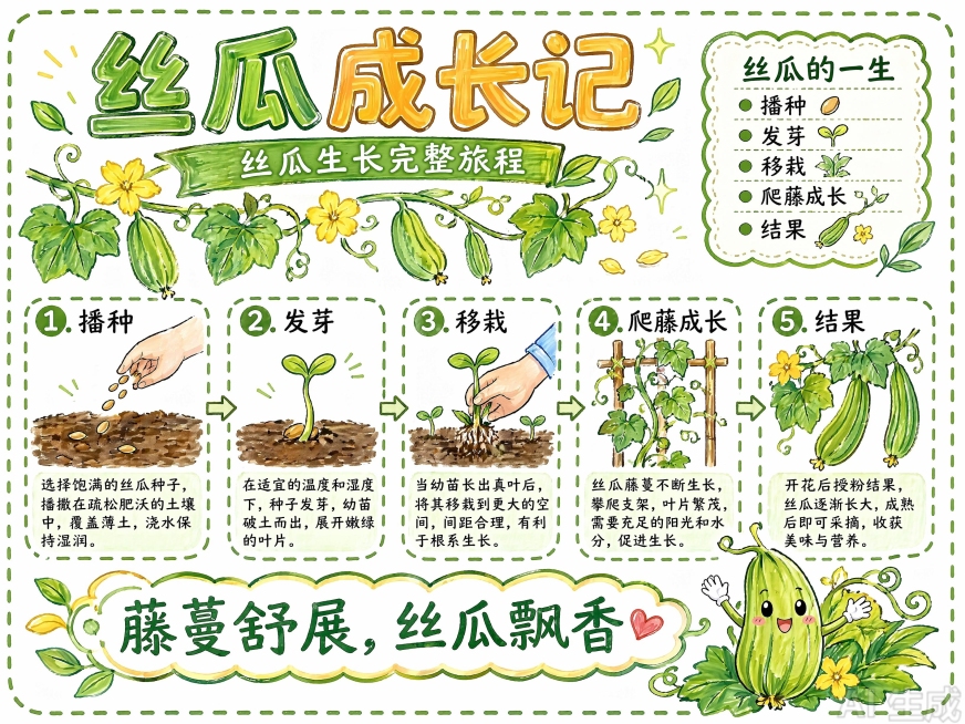 参考提供图片的排版结构和马克笔手绘风格，生成“丝瓜成长记”主题手抄报，马克笔手绘风格。主标题是“丝瓜成长记”，副标题是“丝瓜生长完整旅程”，整体分为五个步骤信息区：1.播种 2.发芽 3.移栽 4.爬预览效果