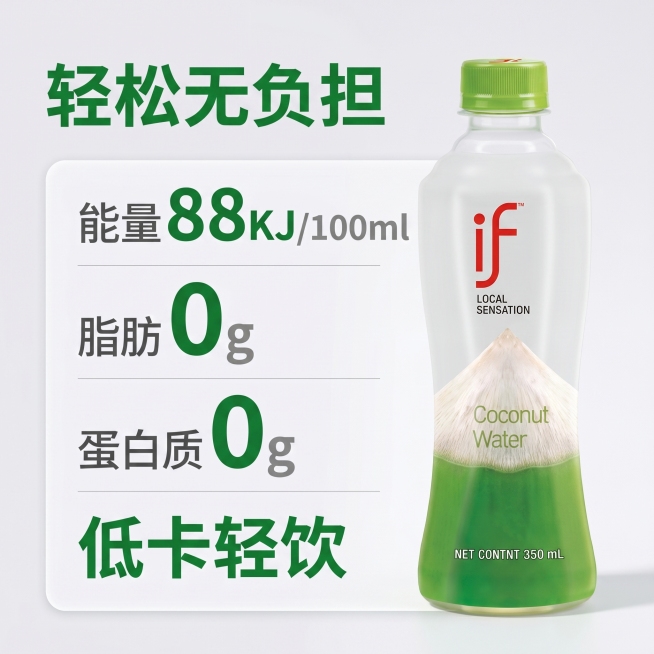 [主图 6] if椰子水营养成分清晰解读
[氛围风格] 专业直观健康种草风
[画质] 商业摄影质感，光线柔和通透，产品清晰真实，画面干净高级
[元素] if椰子水瓶身放在右侧，左侧用卡片式展示营养核心预览效果
