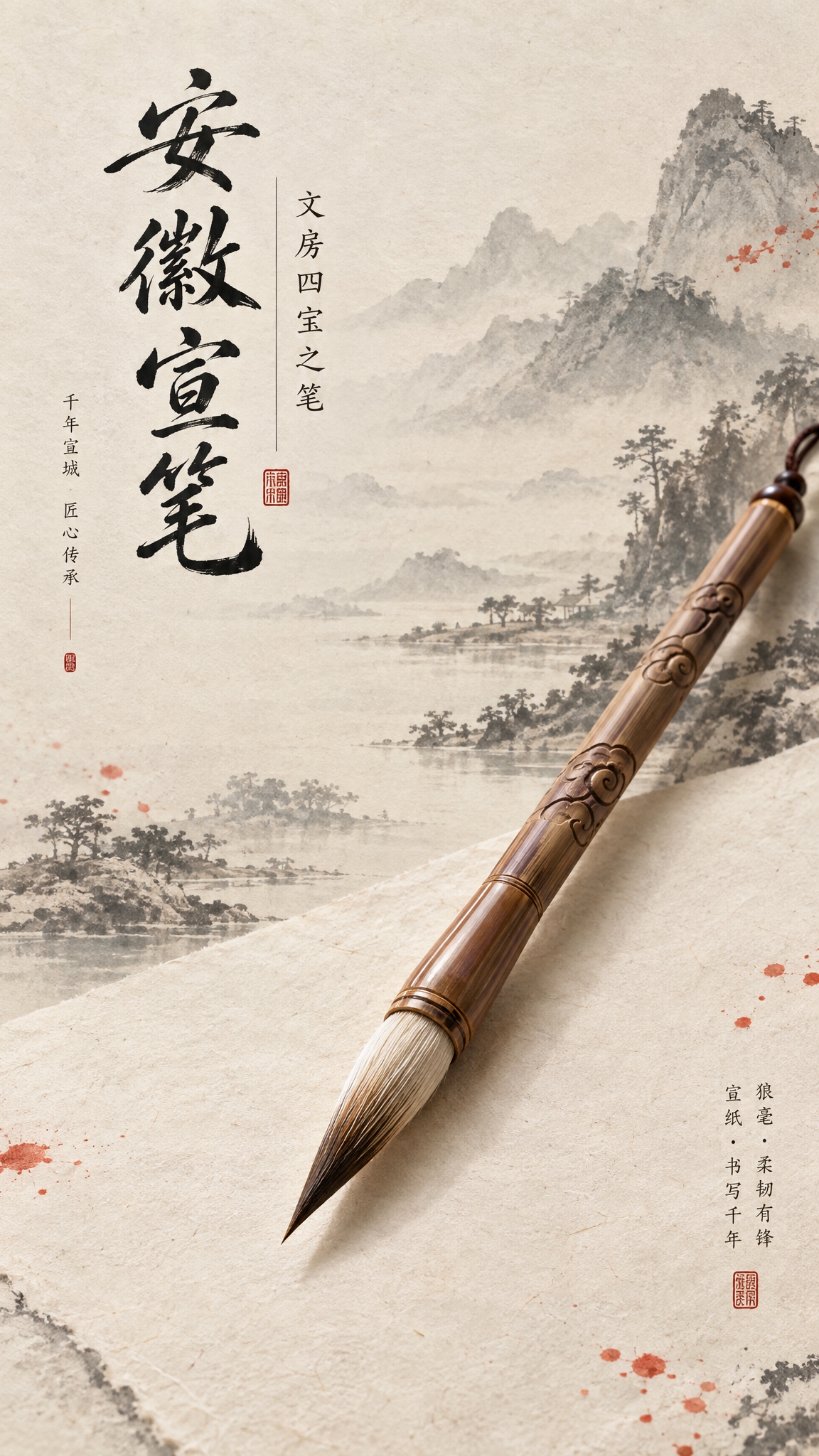 国风中式海报，安徽宣笔，文房四宝之笔，一支做工精美的古法宣笔置… - 图片创意预览