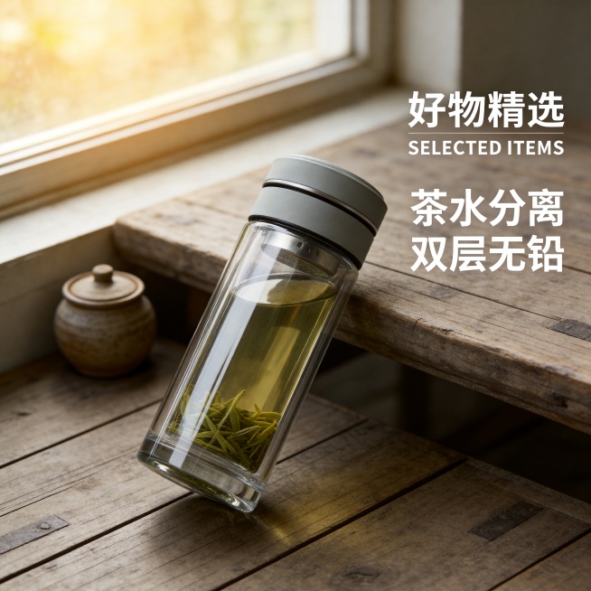8K生活化实景风格，老旧拼板木桌，角落摆放小型粗陶小罐，窗边柔和暖漫射光，背景虚化，玻璃杯斜放，提升通透度使得玻璃可见桌面纹路，保持茶叶鲜嫩，文案固定在右侧，打造居家接地气风格，保留文字内容：好物精选预览效果