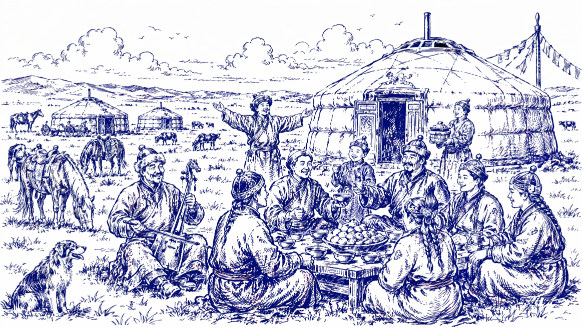 参考原图蓝色线条版画手绘风格，重新生成蒙古草原主题画面，包含蒙古包，以及蒙古人民欢聚一堂的欢乐景象，保持蓝色线条版画的手绘质感预览效果