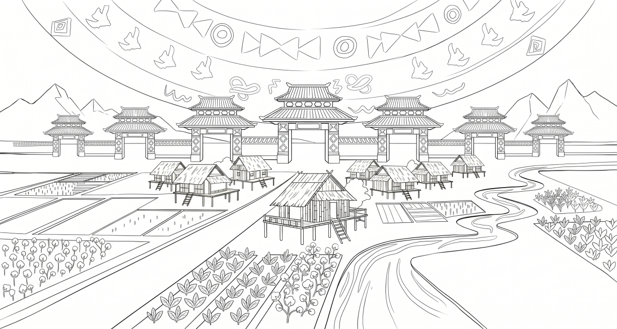 提取出这张插画的线稿，要求线条简洁干净，线条清晰流畅，去除所有颜色，保留完整的建筑场景轮廓预览效果