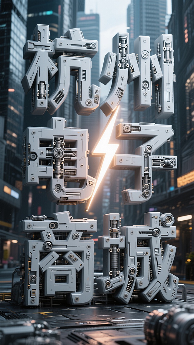 未来感十足的3D金属机械字体，科技与机能风完美融合，展现现代都市的杭州电子商城精神。