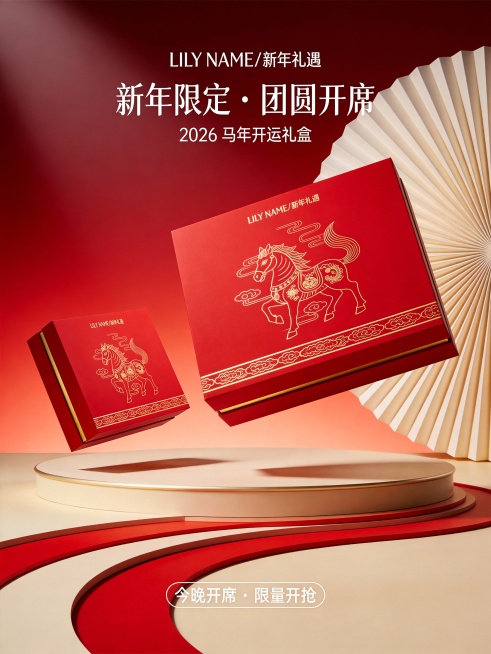 背景为深红到亮红的高级渐变，并带从右侧向外扩散的扇形放射褶皱筋条纹理，底部是弧形展台地面，叠加分层红色带状曲线，画面极简干净。主体为两只开运礼盒悬浮：右侧一只更大作为主视觉，略向观众倾斜；左下角一只更预览效果