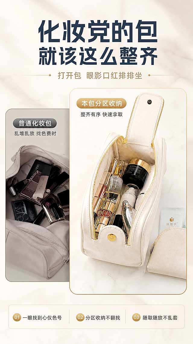 [商品] 使用【图2】米白色大包打开状态产品图：完整保留包体打开站立形态、双层分区、金属按扣、包内逆优妍/添然萃瓶罐与护肤品、米白皮质、金色拉链、淡紫小包，保留所有包身结构与瓶罐原貌，只做光影融合。
[画面] 痛点解决页，左右分栏对比构图：左侧小格展示普通化妆包内口红眼影乱堆的暗调小场景，右侧大格展示本包打开后眼影口红整齐排列成排的明亮场景；产品占画面65%，近景俯视，阅读动线从左到右再到底部文字区。
[视觉] 套系策略：风格=轻奢摩登商业摄影；标题字=现代无衬线粗体；正文字=简洁无衬线体；主色=奶油白；背景延展=米白到浅燕麦的同色渐变与大理石细腻质感；强调色=香槟金，仅用于细线、圆点与标签；标题色=深灰蓝；正文色=暖灰；组件=圆角浅底信息卡、细金线引线；光影=左前侧柔光棚拍。
[文字] 主标题两行大字"化妆党的包 就该这么整齐"；副标题"打开包 眼影口红排排坐"；底部三个信息点"一眼找到心仪色号""分区收纳不翻找""随取随放不乱套"，用金色圆点编号；全部横排不竖排，无逗号。
[规格] 图片比例9:16竖版，4K，避免变形、错字、文字过小、冷蓝背景、产品颜色改变、水印、平台Logo。