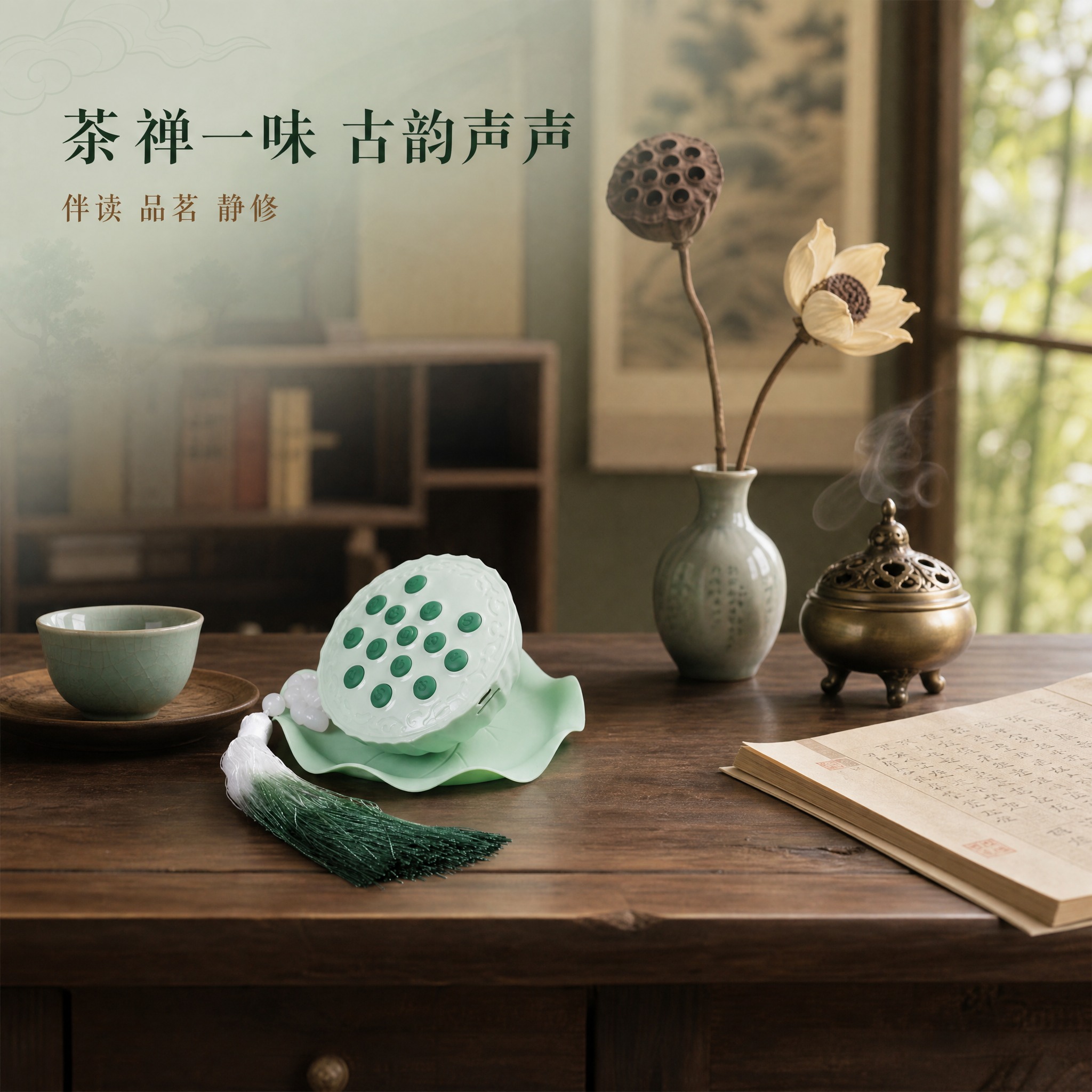 [主图-4] 莲蓬造型蓝牙插卡音箱 古风书房茶桌使用场景展示。… - 图片创意预览