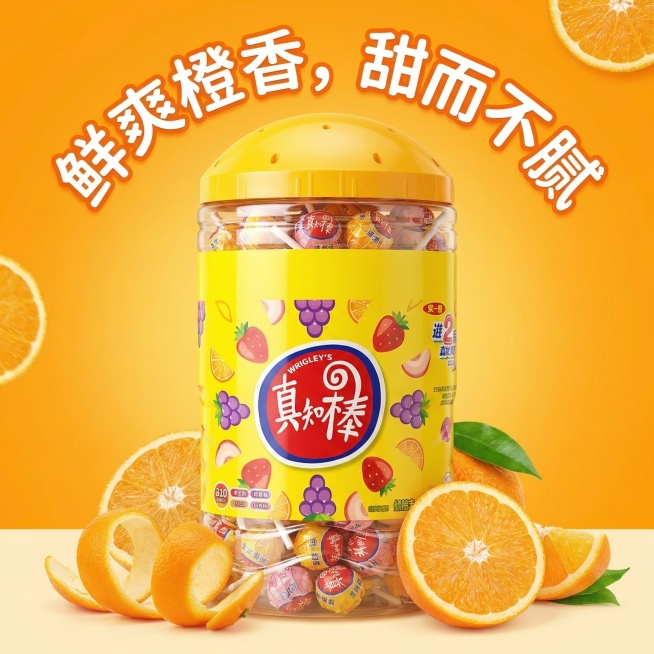 背景改为明亮的暖橙色，突出橙子味真知棒和桶装产品，添加卖点文案"鲜爽橙香，甜而不腻"，风格活泼高级预览效果