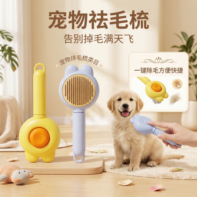 基于图片中的宠物排毛梳，重新排版设计淘宝平台主图，更换背景，画面中添加一只小狗用这个梳子在梳毛，保留产品卖点文案：告别掉毛满天飞，一键除毛方便快捷，宠物排毛梳类目，清新温馨的宠物用品风格预览效果