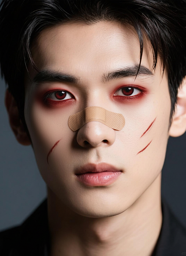 美妆博主的万圣节妆容，带有：红色眼尾下至晕染，红色美瞳，脸颊点缀细小血痕、擦伤，鼻梁上有一个创可贴