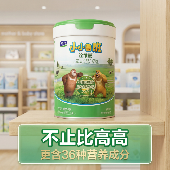 [主图 2] 奶粉核心营养卖点展示
[氛围/风格] 干净专业的母婴店实景风格，信任感强
[画面元素] 商业摄影质感、光线柔和通透、产品清晰真实、画面干净高级。保留原图奶粉罐完整外观，奶粉罐放置在浅木色预览效果