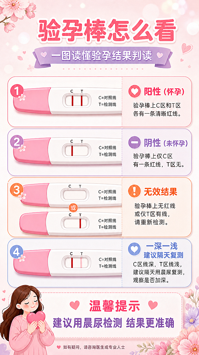 去掉右下角的紫色二维码占位方块，将温馨提示区域的文字扩展填满整个底部区域，版式更舒展协调。其余所有内容、文字、验孕棒图示、配色完全保持不变。