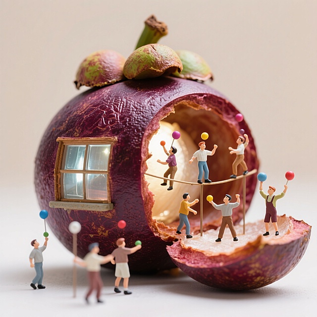 一颗巨大的山竹外壳，果肉被掏空，外壳剥开一块，里面是一群小人在耍杂技，山竹壳上安了窗户。