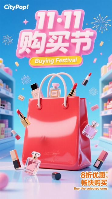 citypop插画风格。画面中红色购物袋，里面和周围有各种美妆产品。散落在画面中，上方粉色立体框区域有艺术字标题“11·11购买节”，搭配黄色文本框，白色小字“Buying Festival”；右下角预览效果