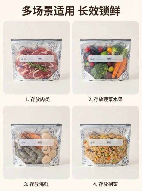 [主图 4] 铝箔保鲜袋多场景适用展示
[氛围/风格] 日式简约，温馨幸福生活感，明亮自然
[画面元素] 采用纵向四宫格布局展示四个使用场景：1. 存放肉类、2. 存放蔬菜水果、3. 存放海鲜、4.预览效果