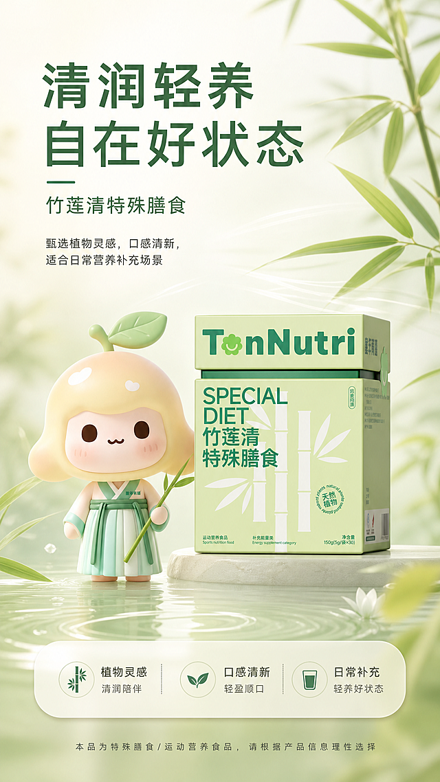 简约大气海报，图1为竹莲清特殊膳食产品，图2为梨形象IP，展示产品清热祛火功效，符合广告法，整体色调清新，排版简洁